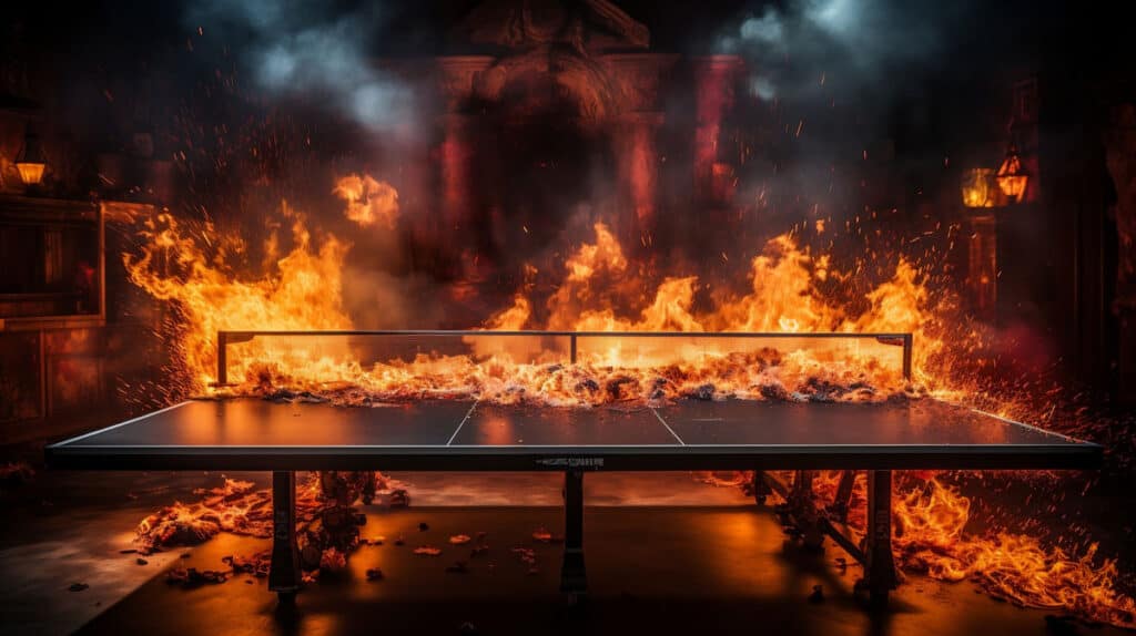 Pingpongtisch trotzt Flammen, Symbol für Resilienz in verlassener, lodernder Halle.