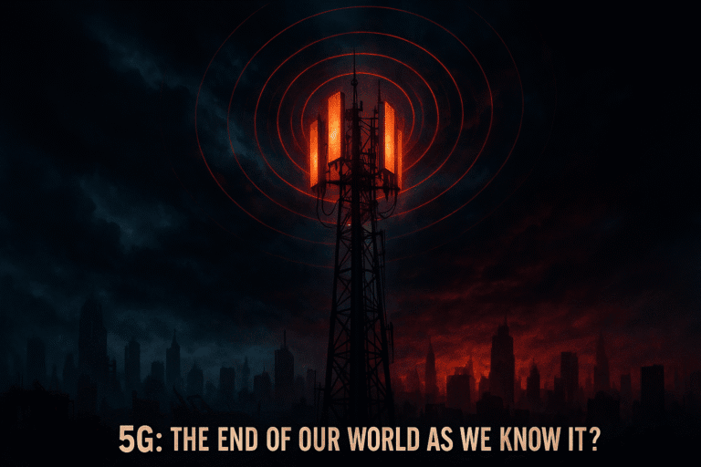 5G Mobilfunkmast bei Nacht mit rotem Signallicht in städtischer Skyline.