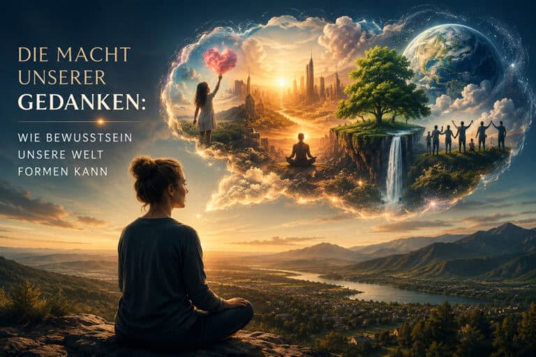 Frau meditiert im Freien mit inspirierendem Himmelbild im Hintergrund.