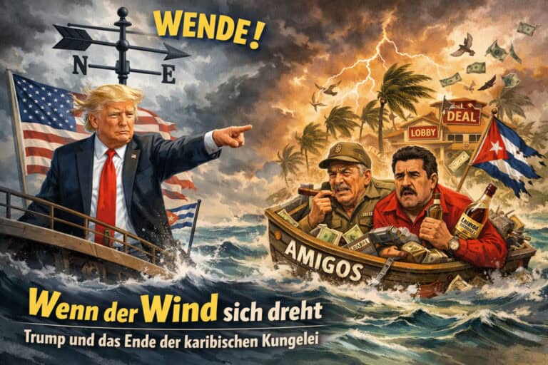 Karikatur mit Trump, Piraten und Sturm, symbolisiert politische Wendungen.