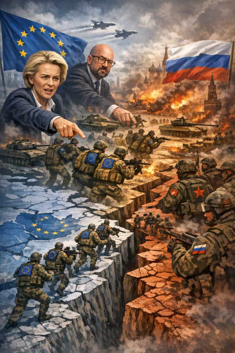 Politische Führungskräfte vor Kriegsszene mit europäischen und russischen Flaggen.