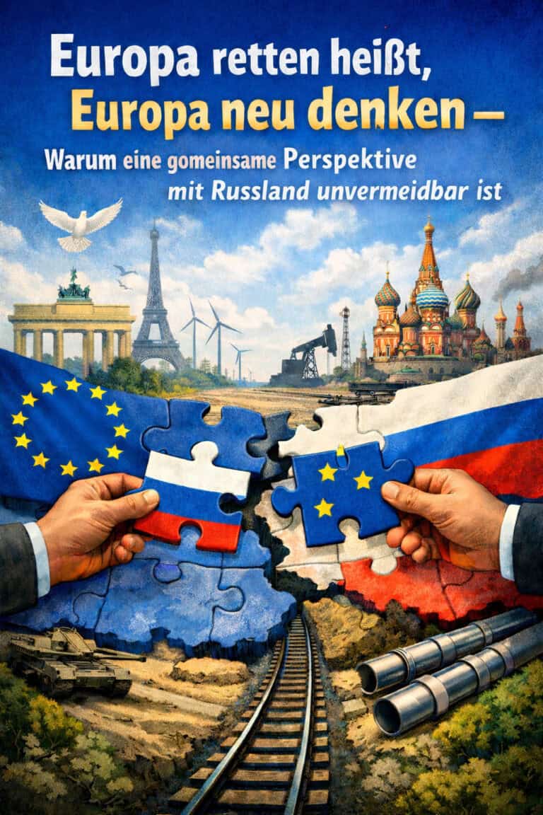 EU-Flagge und russische Flagge mit Puzzlestücken, symbolisieren europäische Einigung.