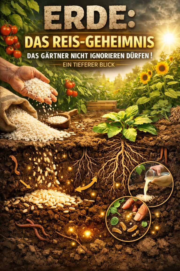 Boden mit Wurzeln, Pflanzen und Reiskörnern, zeigt das Geheimnis des Reises.