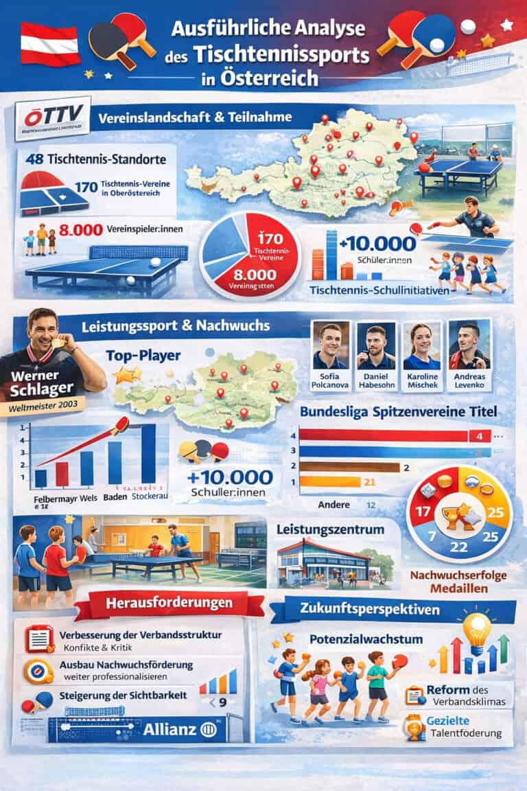 Tischtennissport in Linz mit mehreren Tischen und Spielern aktiv im Einsatz.