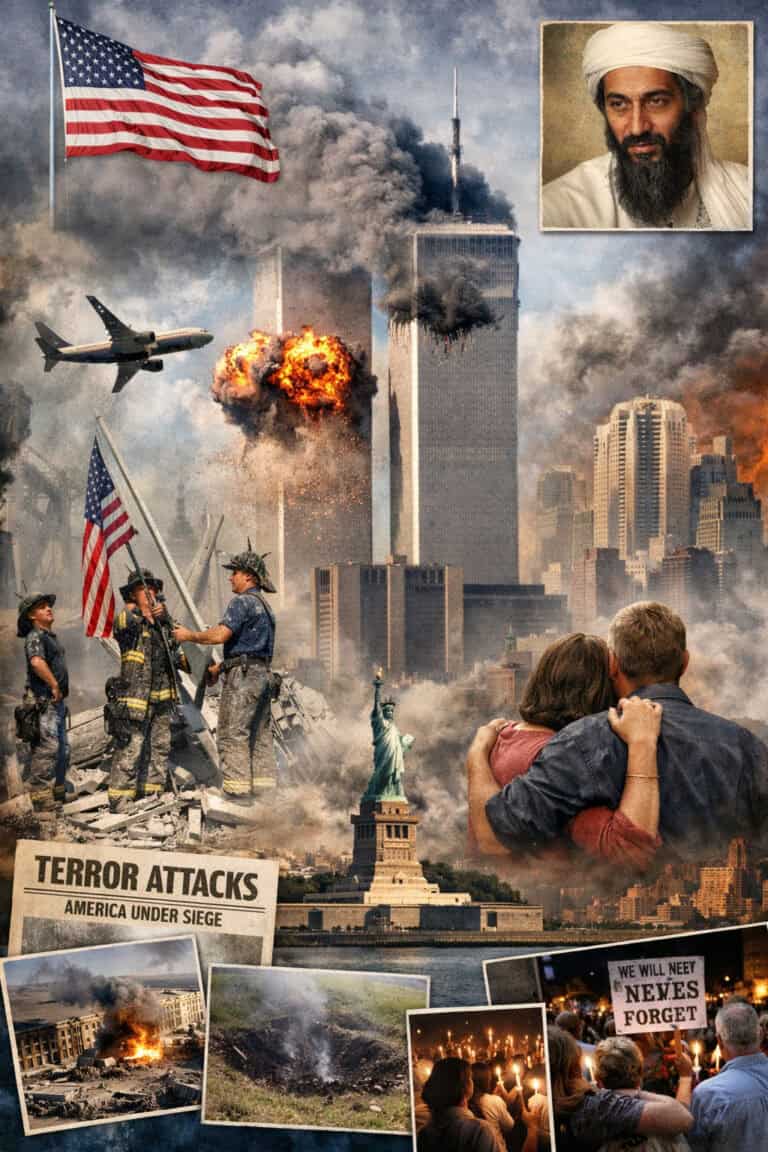 Hochhaus im 9/11-Angriff mit Flugzeugen, Explosionen und Rauch, symbolisiert die Terroranschläge vom.
