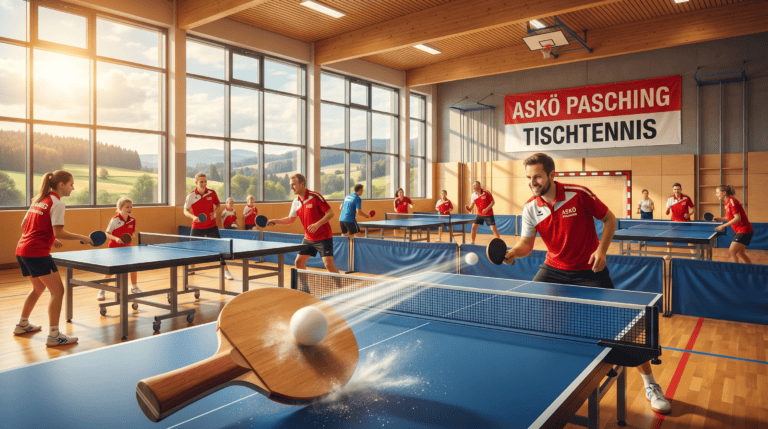 Tischtennisspieler beim Training ASKÖ Pasching, Indoor-Sporthalle.