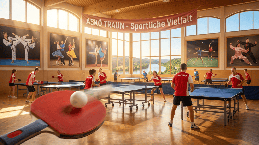Tischtennisspieler in Leonding, Indoor-Sporthalle mit mehreren Tischen.