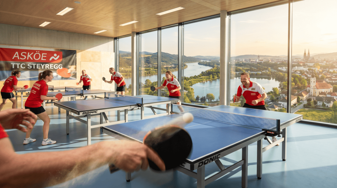 Tischtennis Spiel in Leonding mit Blick auf die Stadt und den Fluss.