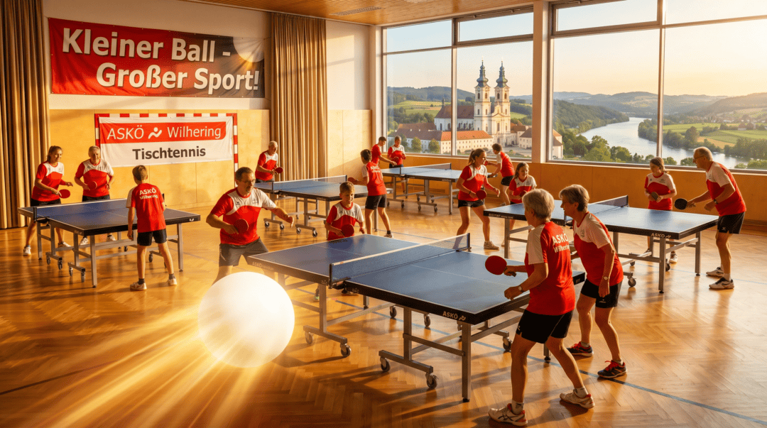 Tischtennis-Training in Leonding mit jungen Spielern im modernen Turnraum.