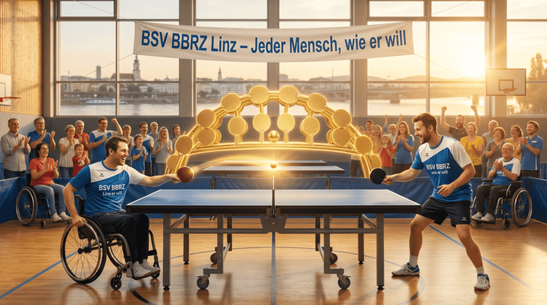 Barrierefreies Tischtennisspiel in Leonding mit Rollstuhlfahrern.