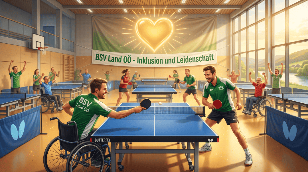 Tischtennisspieler in Leonding, inklusive Sporthalle, Barrierefreiheit, Rollstuhl.