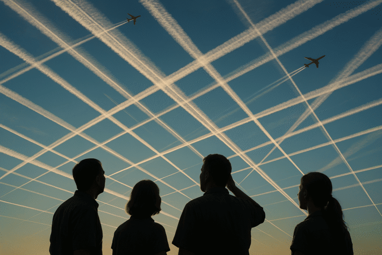 Silhouetten von Menschen beobachten den Himmel mit Flugzeugen und Kondensstreifen.