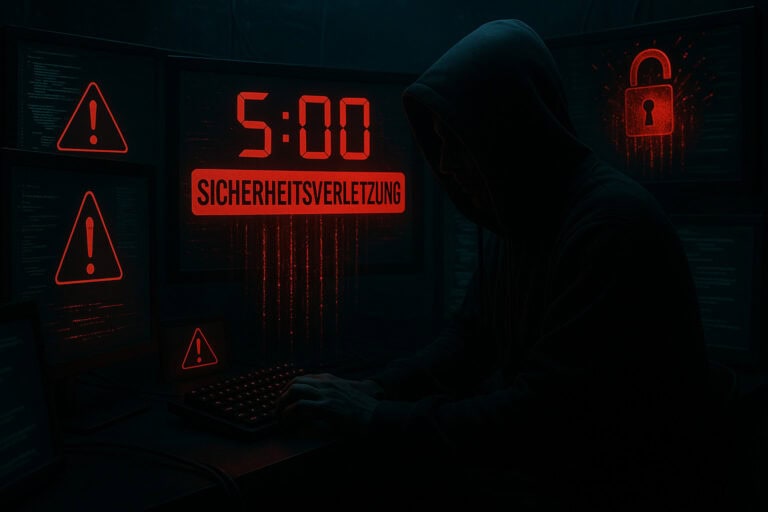 Unbekannter Hacker vor einem Computer mit Sicherheitswarnungen und Zeitangabe 5:00.