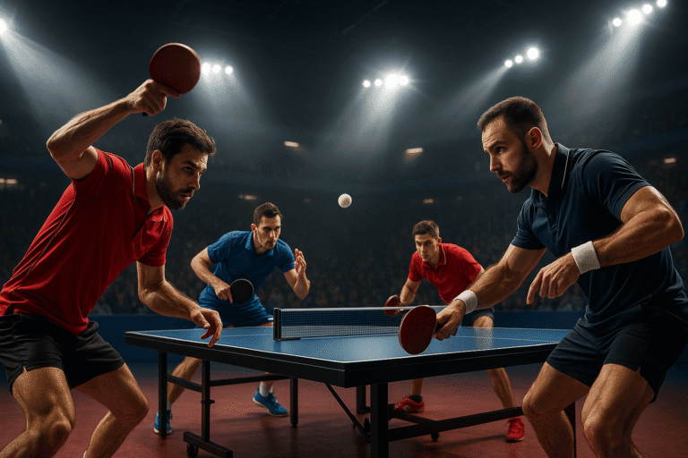 Zwei Männer spielen Tischtennis in einem Turnier, mit Zuschauern im Hintergrund.
