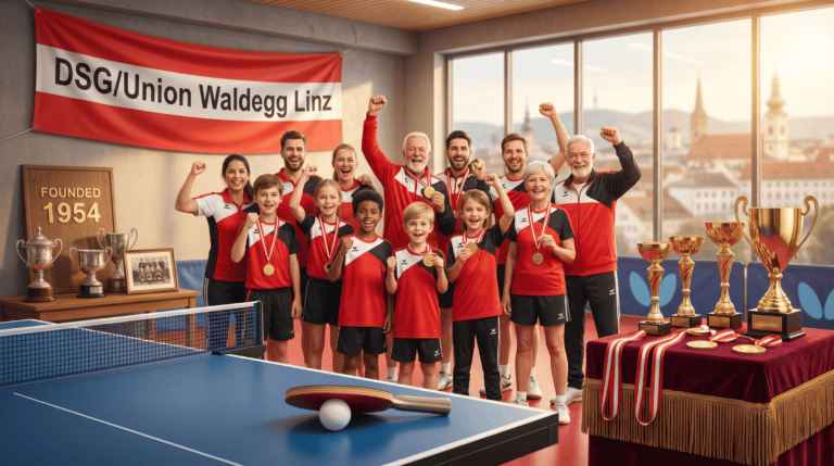 Gruppe von Tischtennisspielern in DSG Union Waldegg bei einer Feier mit Trophäen.