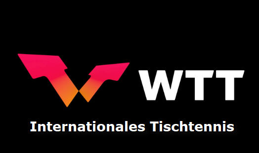 Modernes WTT-Logo mit Farbverlauf und internationalem Tischtennisbezug auf schwarzem Hintergrund.