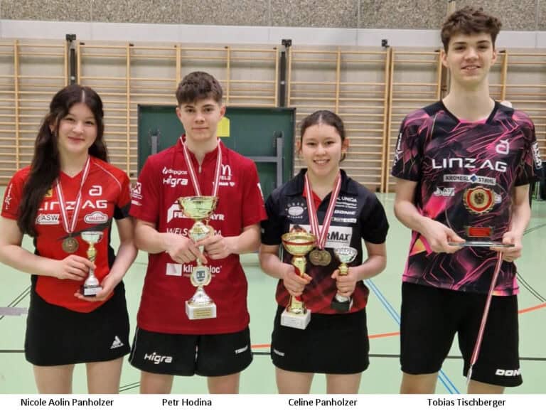 Junge Sportler mit Trophäen und Medaillen in der Turnhalle feiern Wettbewerbserfolg.