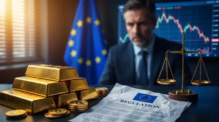 Mann mit EU-Flagge, Goldbarren und Finanzdokumenten, symbolisiert europäische Wirtschaft.