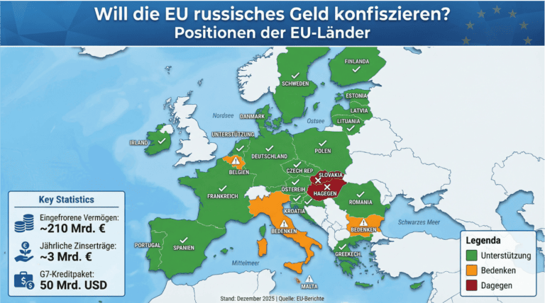 Grafik zeigt die Positionen der EU-Länder bezüglich russischer Finanzsanktionen.