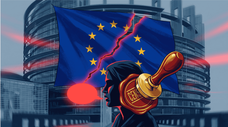 EU-Flagge mit Riss und Protestsymbol, moderne Architektur im Hintergrund.
