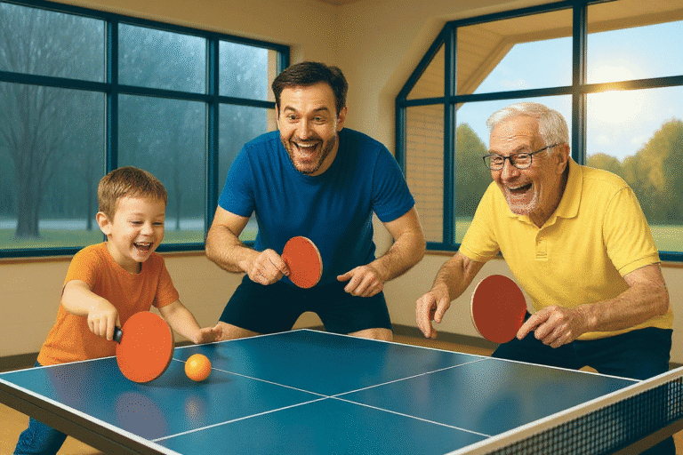 Familien-Pingpong-Spiel: Drei Generationen spielen begeistert Tischtennis zusammen, genießen den Moment.