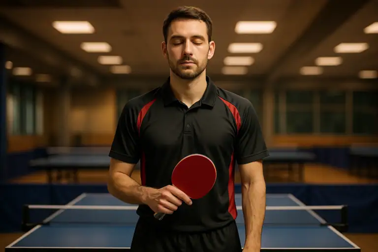 Junger Tischtennisspieler konzentriert sich mit Paddle, bereit für das nächste Spiel.