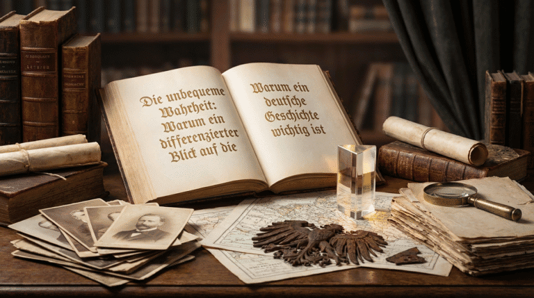 Historischer Schreibtisch mit alten Fotos, Büchern und Schreibutensilien, symbolisiert Geschichte de.