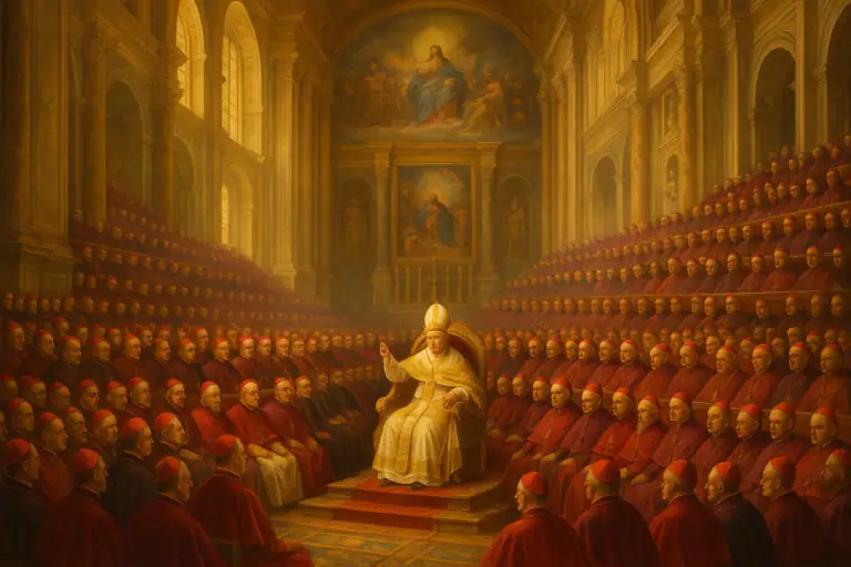 Päpstliche Versammlung mit Kardinälen in prachtvollem Saal der Kirchenversammlung.