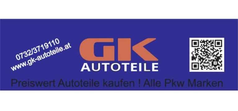 Günstige Autoteile für alle Marken, GK Autoteile Banner, Kontaktdaten, QR-Code.