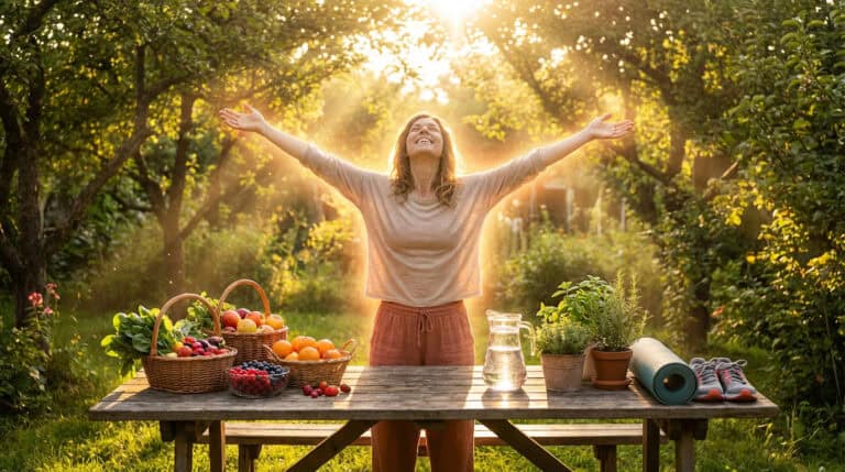 Frau im Garten mit offenen Armen, umgeben von Obst und Natur, Sonnenlicht im Hintergrund.