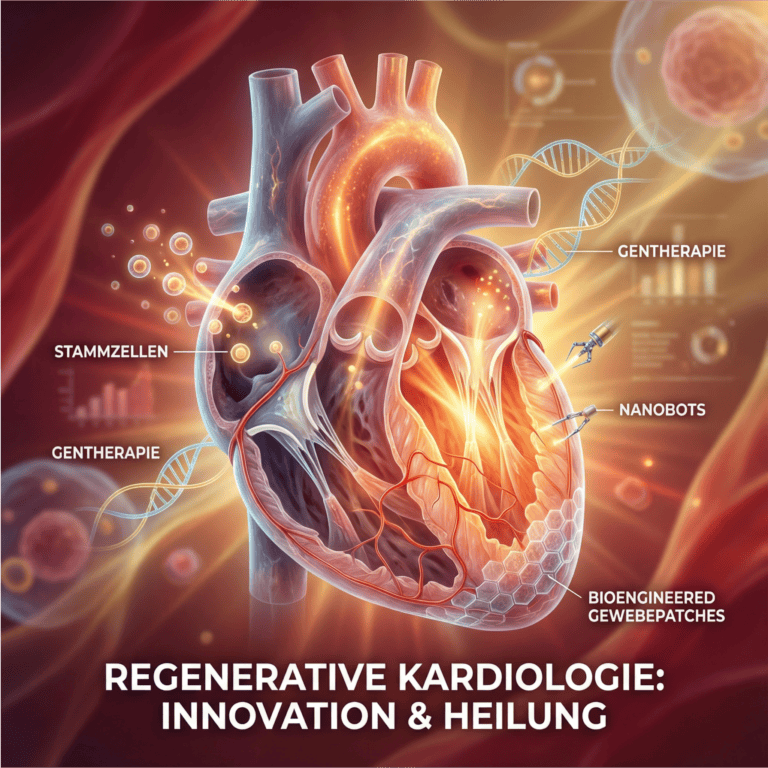 Detaillierte Darstellung eines medizinischen Herzens mit innovativen Therapien und Bioengineering-Technologien.