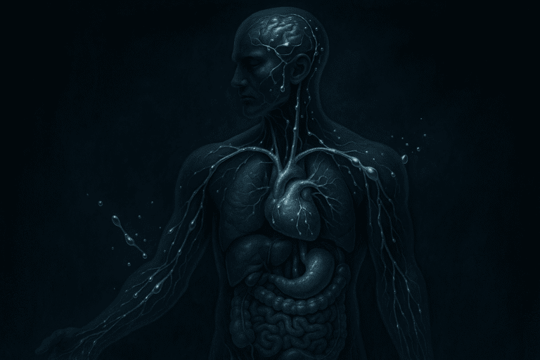 Illustration der menschlichen Anatomie mit Fokus auf innere Organe und Kreislaufsystem.