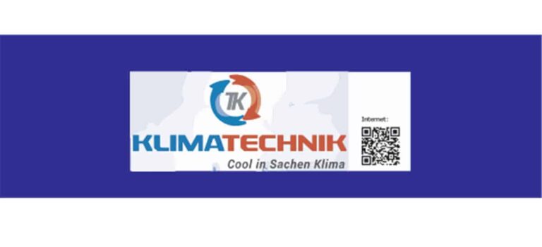 TK Klimatechnik Logo auf blauem Hintergrund mit QR-Code für innovative Klimakontrolle.