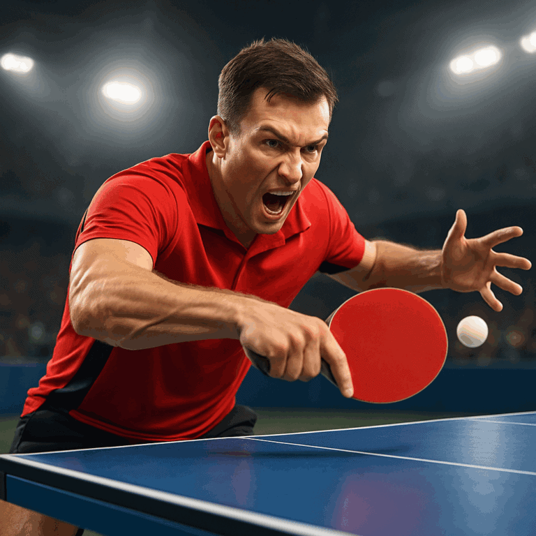 Tischtennisprofi in Aktion: Kraftvoller Schlag, intensiver Ausdruck, Wettkampf, rotes Trikot, elektrisierende Arena.