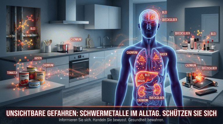 Illustration eines menschlichen Körpers mit chemischen Elementen im Alltag, Fokus auf Gesundheit und.