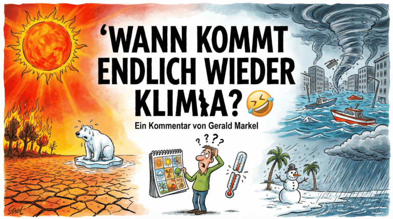 Cartoon-Bild zeigt extreme Wetterlagen mit Hitze, Flammen, Schneemann und Starkregen.