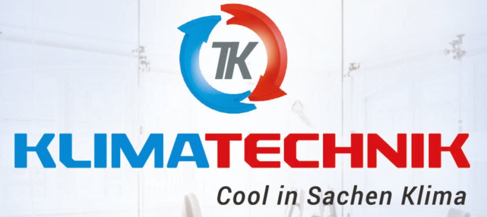 Klimatechnik Logo mit blauen und roten Pfeilen, Slogan: Cool in Sachen Klima.