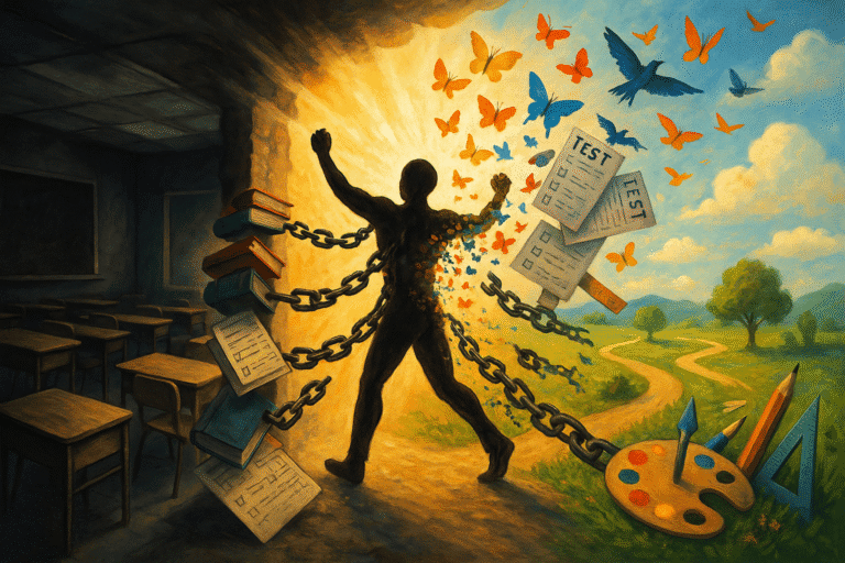 Symbolische Illustration eines Menschen, umgeben von Büchern, Prüfungsunterlagen und Flügeln, die Fr.