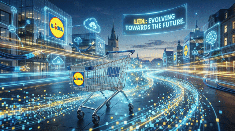 Einkaufswagen vor digitaler Stadt mit LIDL-Logo und futuristischen Elementen.
