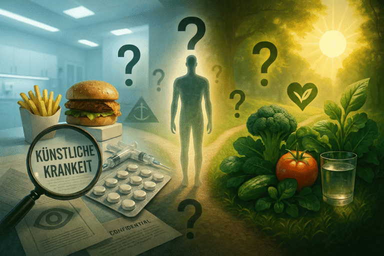 Symbolbild für Ernährung, Gesundheit und Umwelt mit Fragenzeichen und Naturmotiven.