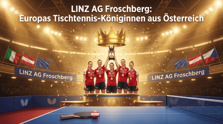 Tischtennisspielerinnen aus Linz AG Froschberg bei einem Turnier mit Pokal.