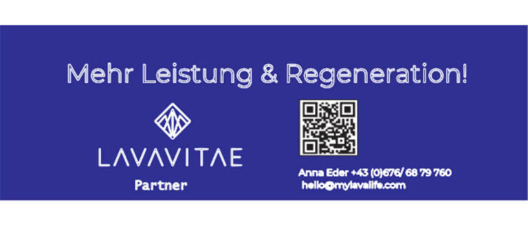 Mehr Leistung & Regeneration mit LAVAVITAE Partner – QR-Code und Kontaktdaten inklusive.
