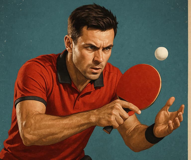 Motivationsposter Tischtennis: Fokussierter Spieler im roten Shirt beim Aufschlag vor blauem Hintergrund.