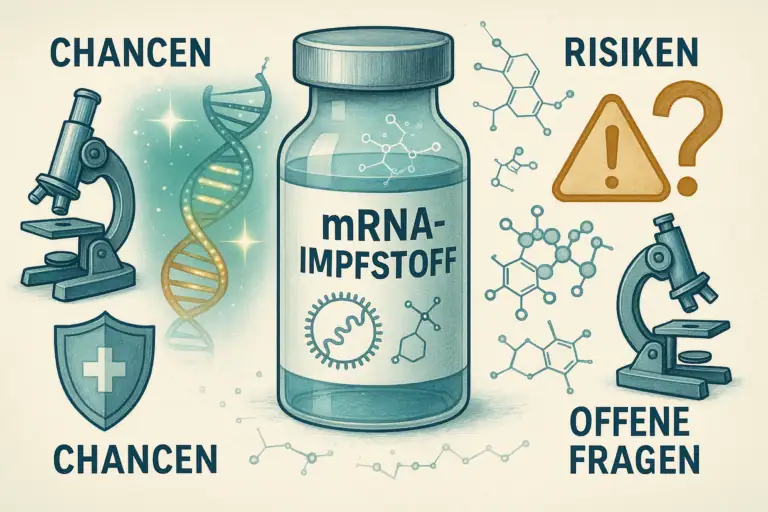 Impfstoff mRNA mit Mikroskopen, DNA-Strang und chemischen Symbolen.