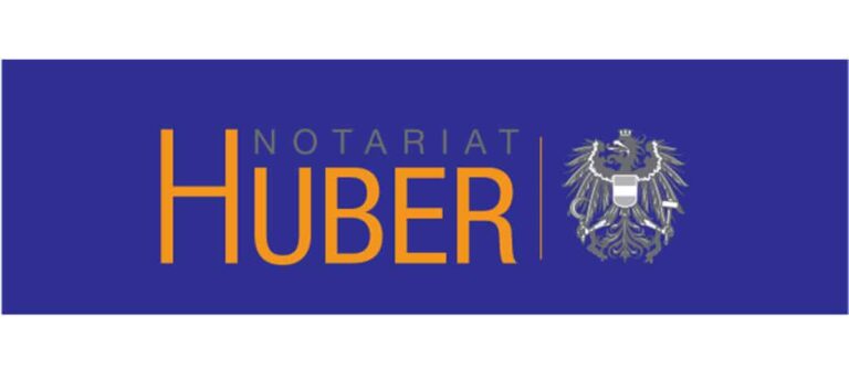 Notariat Huber Logo mit blauem Hintergrund, orangenem HUBER, grauem NOTARIAT, silbernem Adlerwappen.
