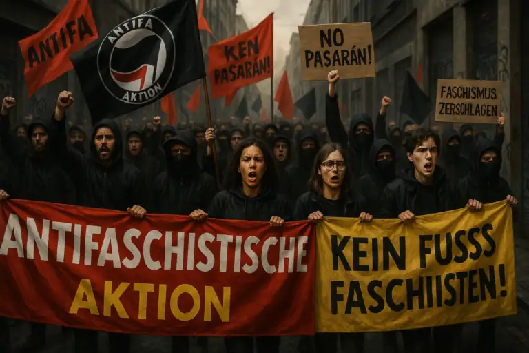 ANTIFA Demonstration gegen Faschismus in Linz, mit Transparenten und schwarzen Masken.