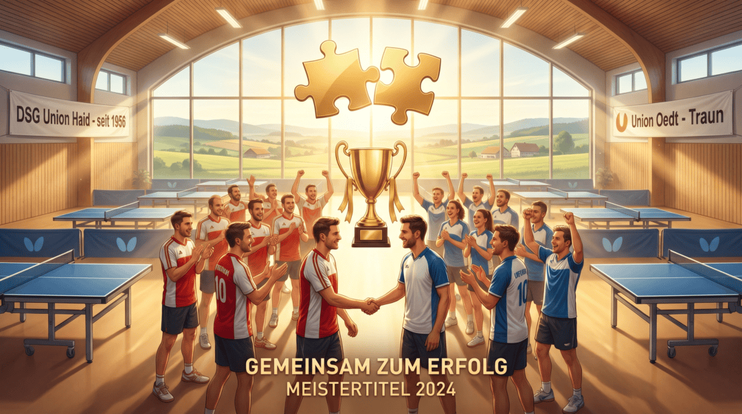 Tischtennisspieler in Leonding feiern Meistertitel 2024 im Turnraum.