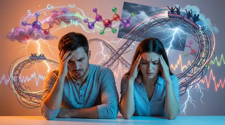 Gestresste Menschen mit wissenschaftlichen und wetterbezogenen Hintergründen.
