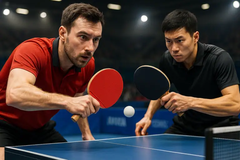 Intensive Tischtennis-Spieler im Wettkampf, bereit zum Aufschlag mit Fokus und Konzentration.