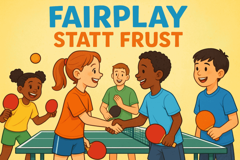 Fröhliche Kinder beim Tischtennis, die Fairplay und Teamgeist zeigen.